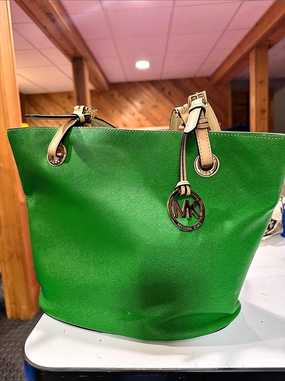 Michael Kors Jet Set Travel Saffiano Leather Top-Zip Tote Green & Tan